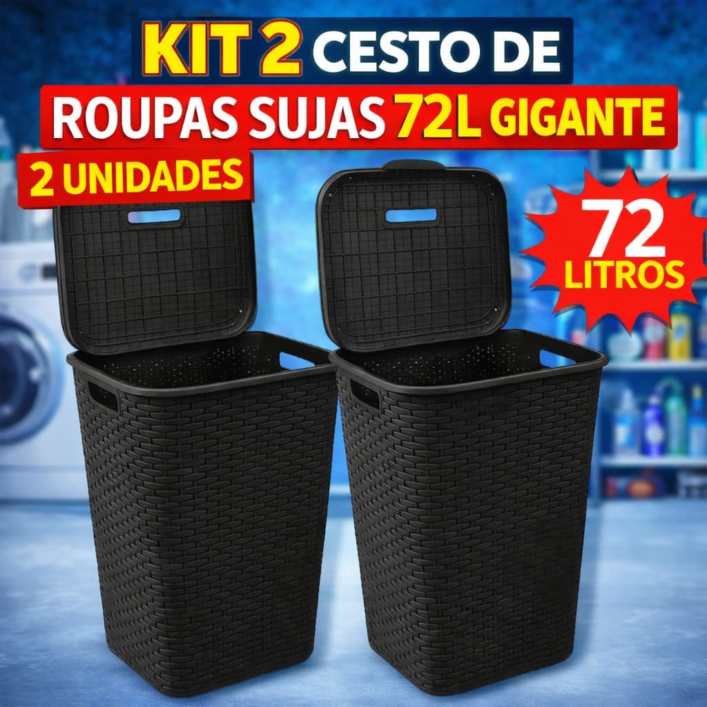 Kit 2 Roupeiro Cesto De Roupas Sujas 72L Gigante Super Resistente Rattan para Lavanderia e Banheiro Premium