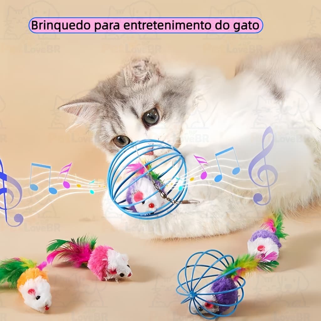 Rato de Brinquedo para Gatos – Gaiola Colorida com Bolinha de Pena – Diversão e Alívio do Tédio