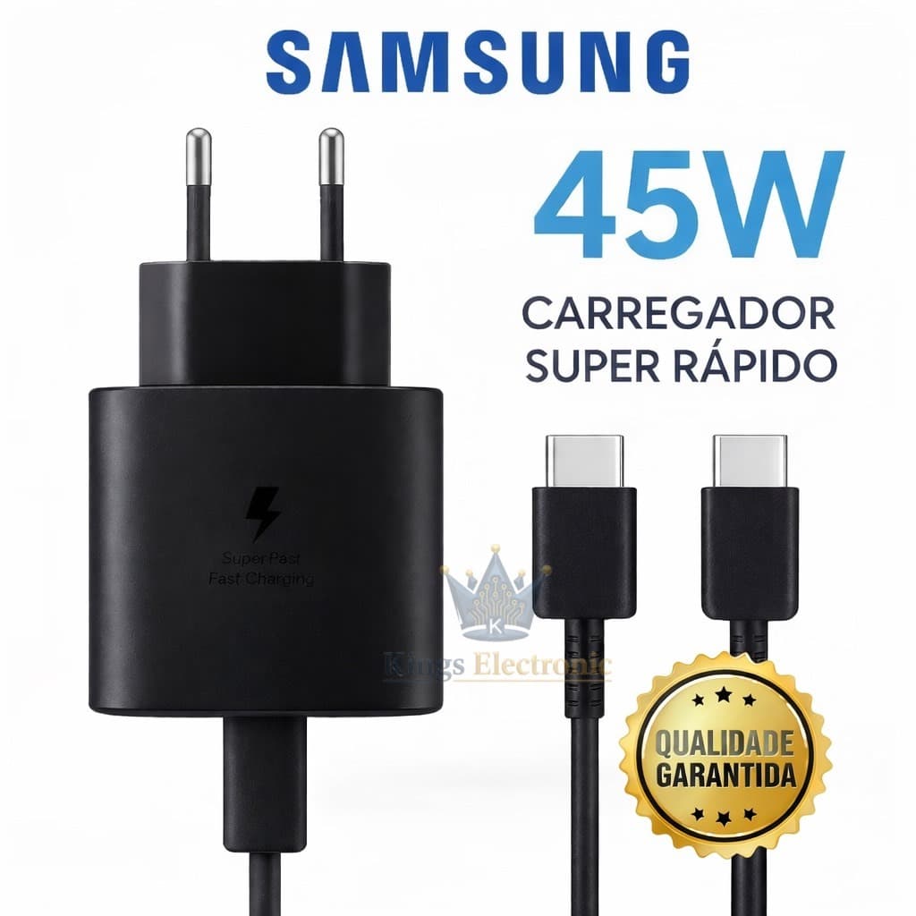 Carregador Super Rápido 2.0 Samsung 45W Turbo Tipo C + Cabo USB-C