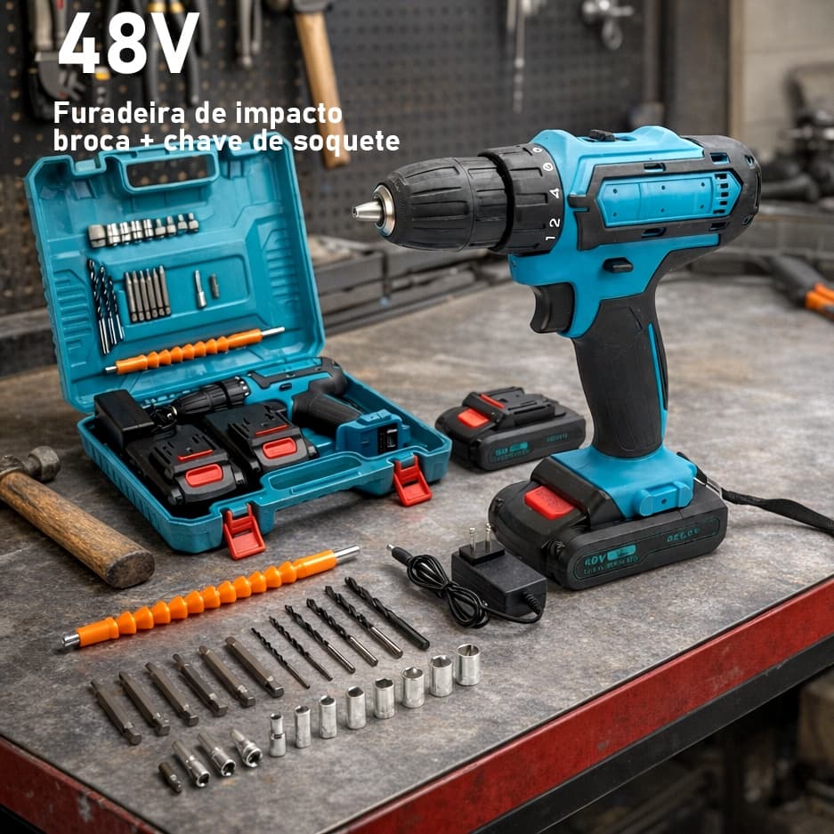 Furadeira e Parafusadeira de Impacto 48V - Alta Performance com 2 Baterias Recarregáveis e Estuche Incluso