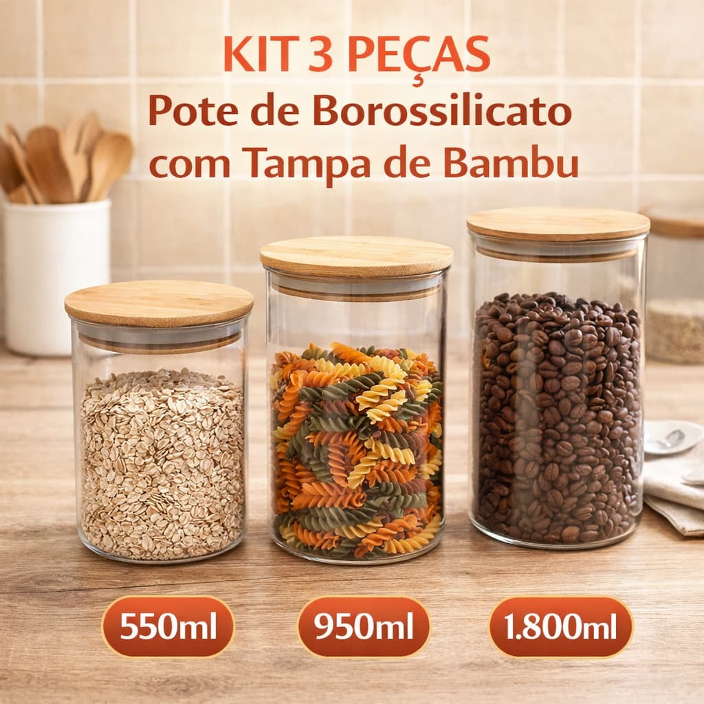 Kit 3 Potes de Vidro Borossilicato c/Tampa Bambu Hermético Organização Multiuso 550ml 950ml 1.800ml