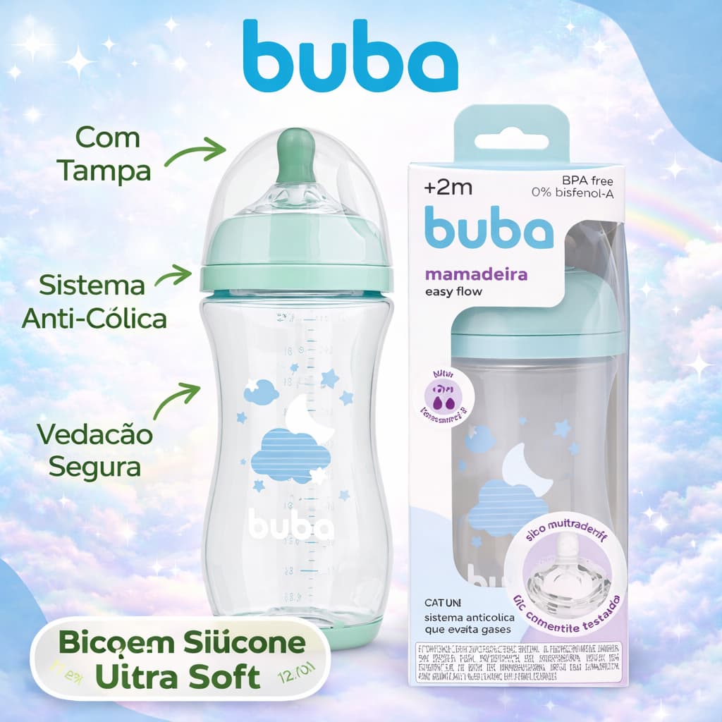 Mamadeira Buba 270ml Mamadeira anticolica e antivazamento buba Bico mamadeira buba Macio Easy Flow