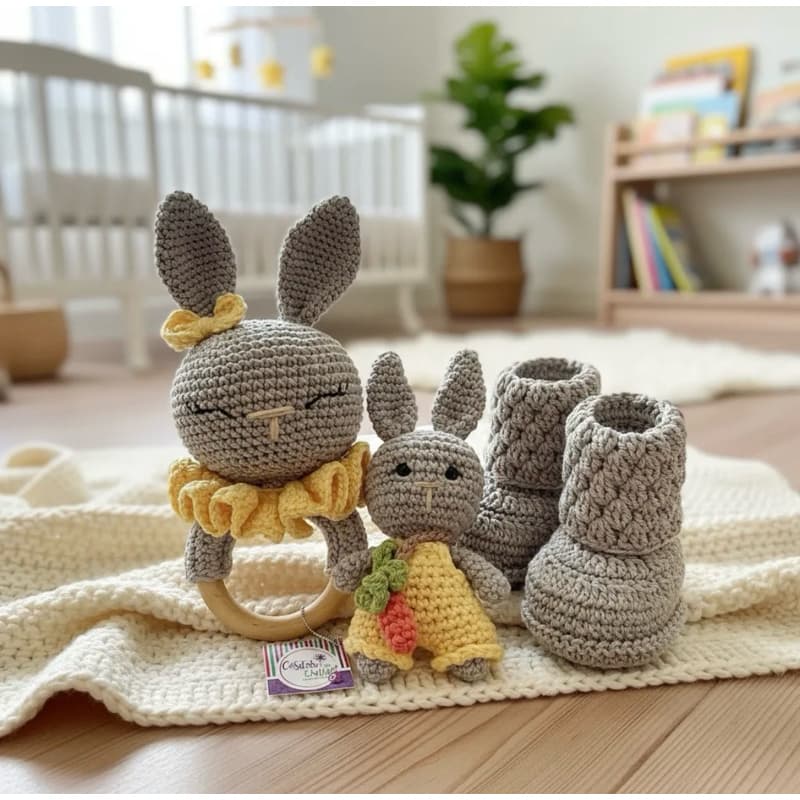 Kit Amigurumi Coelho Páscoa Chocalho, Bonequinho, Botinhas em Crochê para Bebês