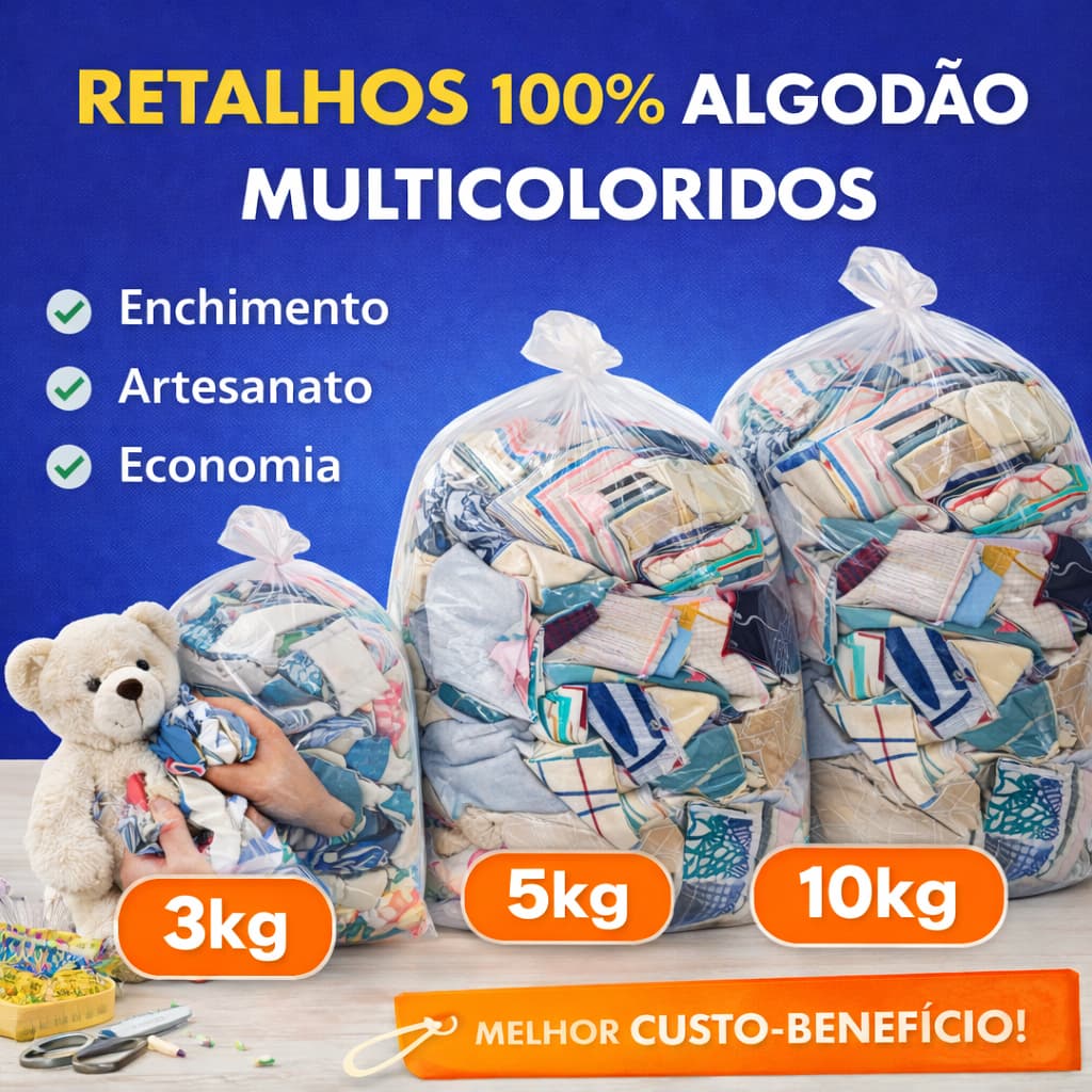 Retalho Tecido Algodão Saco 3 5 10 15 kg Econômico Patchwork Costura Enchimento