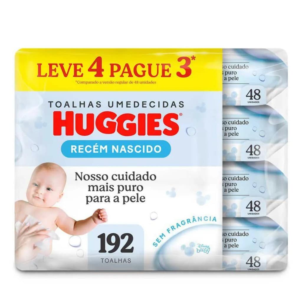 Kit Lenços Umedecidos Huggies Recém-Nascido 192 Unidades – Leve 4 Pague 3 | Extra Macio e Hipoalergênico