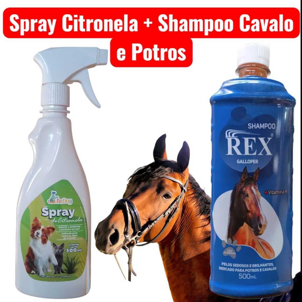 Kit 1 Spray de Citronela 500ml + 1 Shampoo Galloper Para Potros e Cavalos 500ml