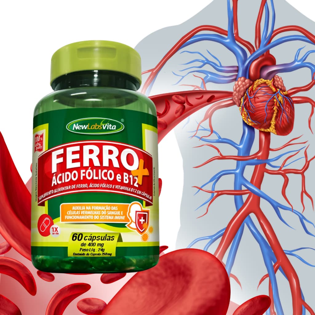 Ferro + Ácido Fólico Vitamina E + Vitamina B12 Auxilia Na Anemia & Energia 60 Cápsulas New Labs Vita