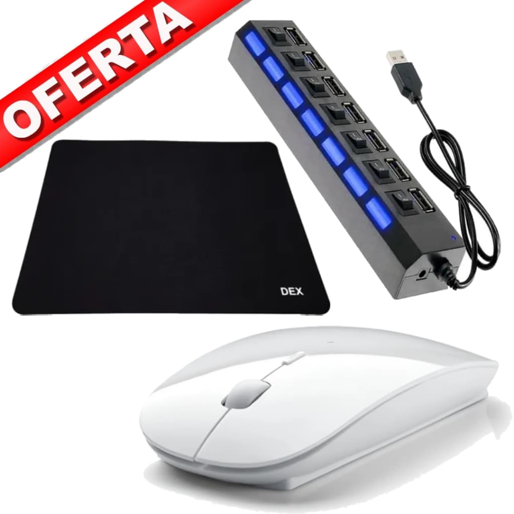 Mouse Sem Fio a Pilha Led Wireless Cor Branco e Mouse Pad Dex De Alto Desempenho Hub USB 7 Portas