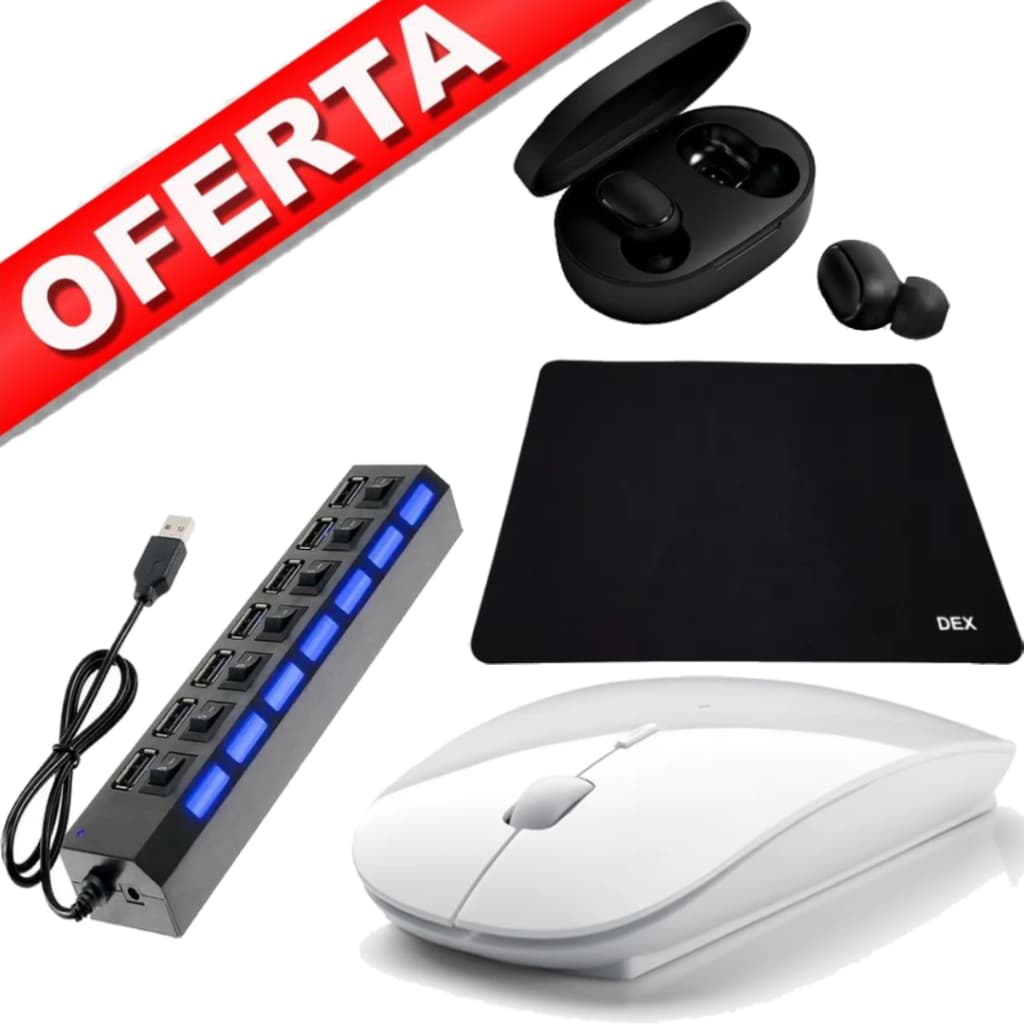 Mouse Sem Fio a Pilha Led Wireless Branco Mouse Pad Dex Fone Ouvido Xiaomi AirDots Hub USB 7 Portas