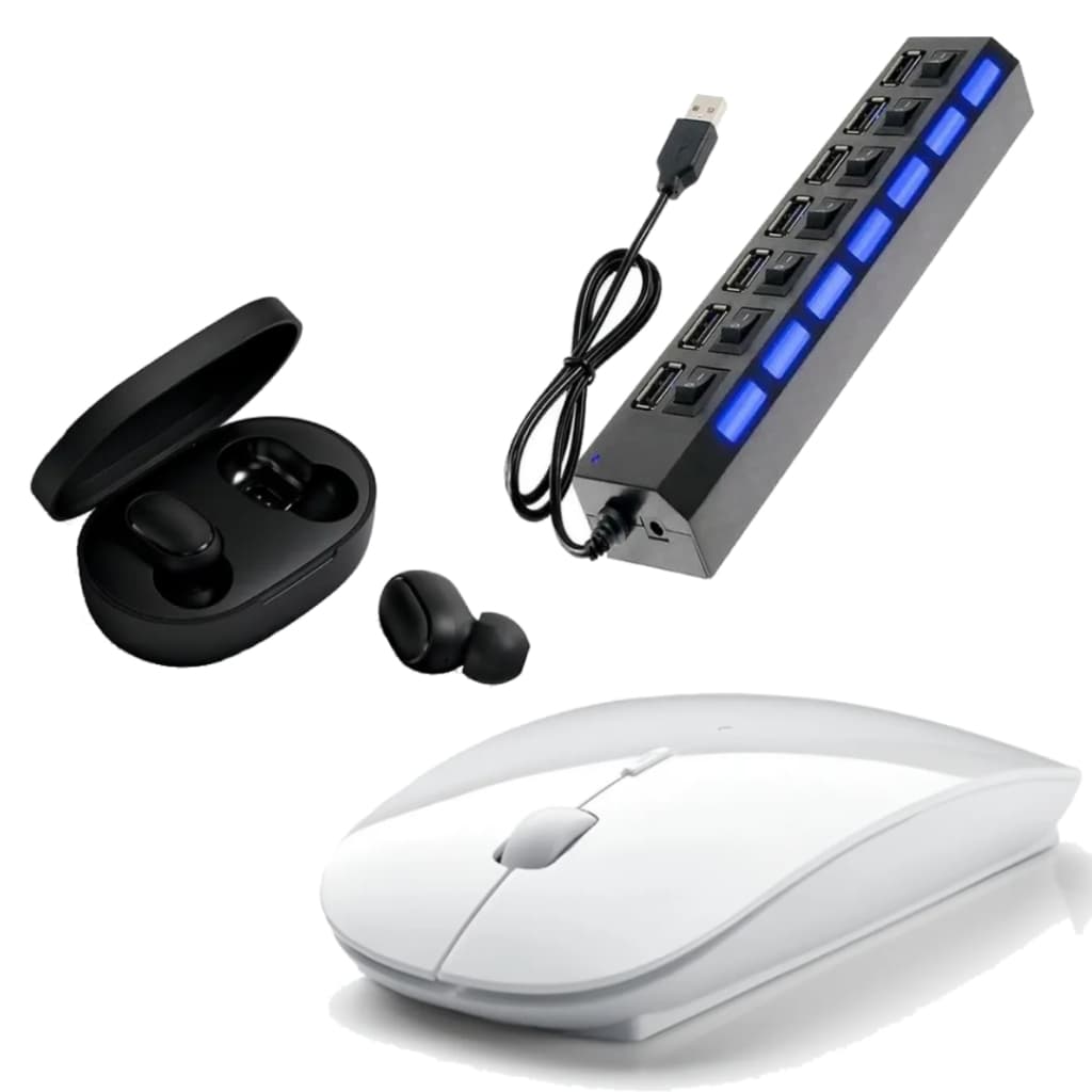 Mouse Sem Fio a Pilha Led Wireless Branco Mouse Hub USB 7 Portas Fone Ouvido Xiaomi Redmi Airdots