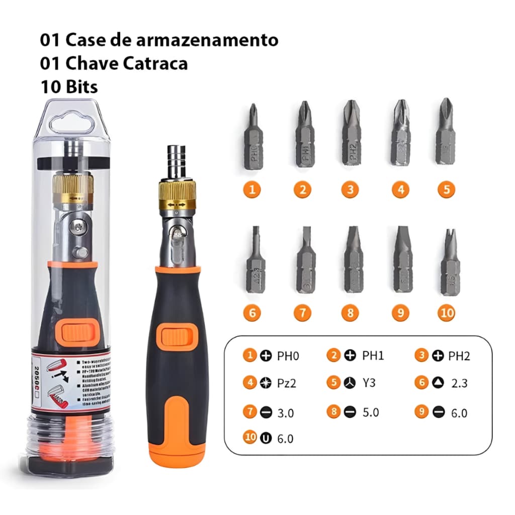 Jogo de chaves de catraca com cabeça cruzada, conjunto de bits multifuncionais de aço — inclui 10 bits