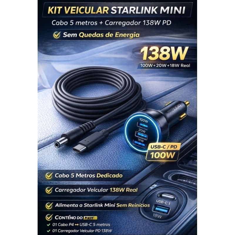🚗 KIT VEICULAR STARLINK MINI – Cabo 5m + Carregador 138W PD | Sem Quedas de Energia