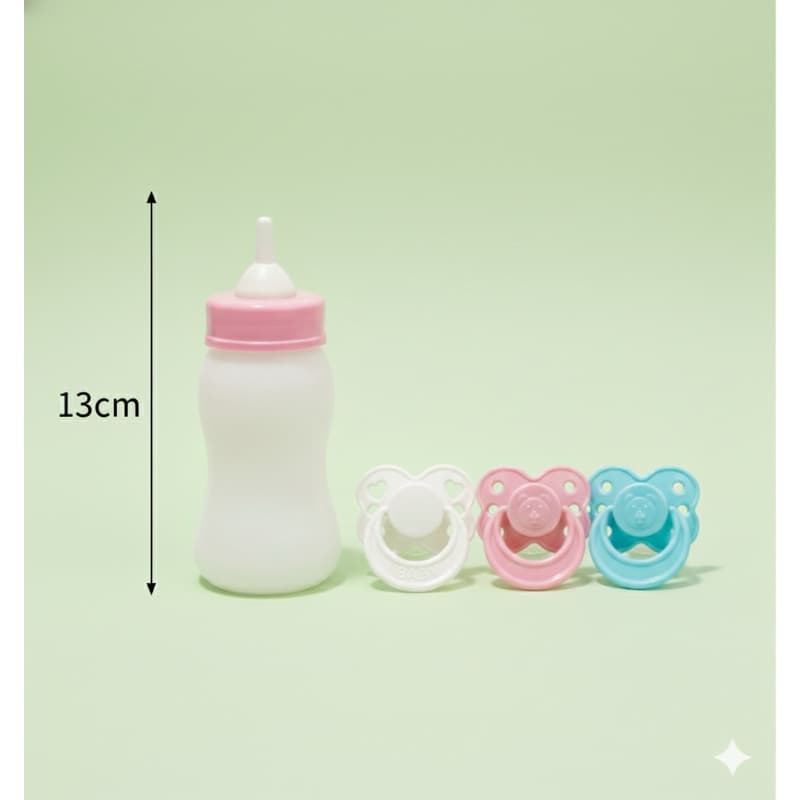 Mamadeira com 3 Chupetas  Boneca Reborn Bico Palito  | 1 chupeta rosa mini/ 1 chupeta mini azul + 1 brancaCoração