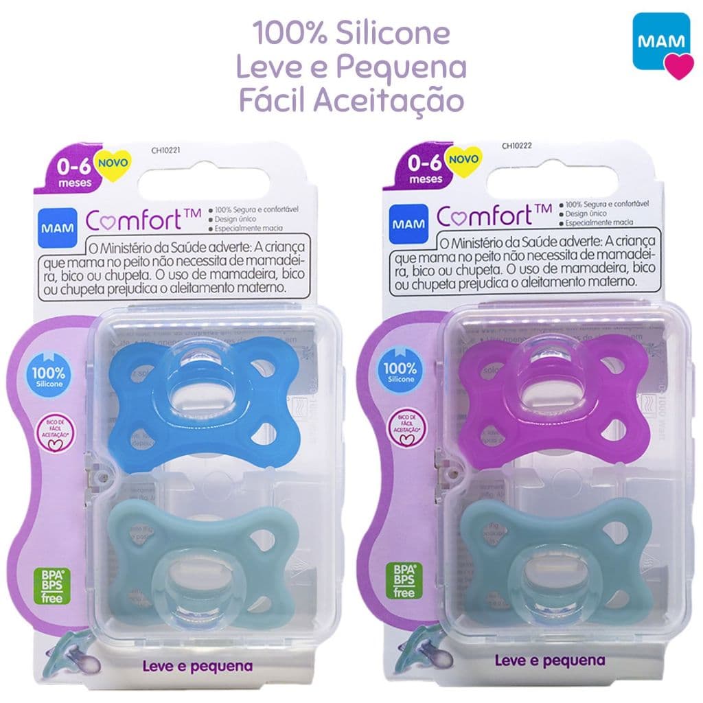 Kit Chupeta MAM 0-6 Meses Comfort 100% Silicone 2 Unidades Bico Bebê Menina Menino MAM Dupla Original