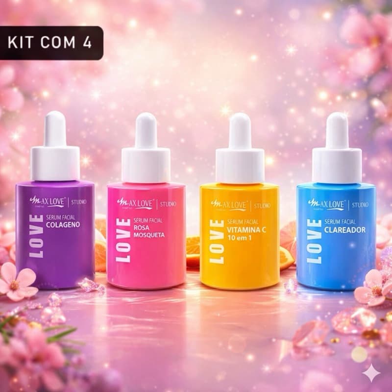 Kit com 4 Séruns Faciais Love Studio - Colágeno, Rosa Mosqueta, Vitamina C e Clareador