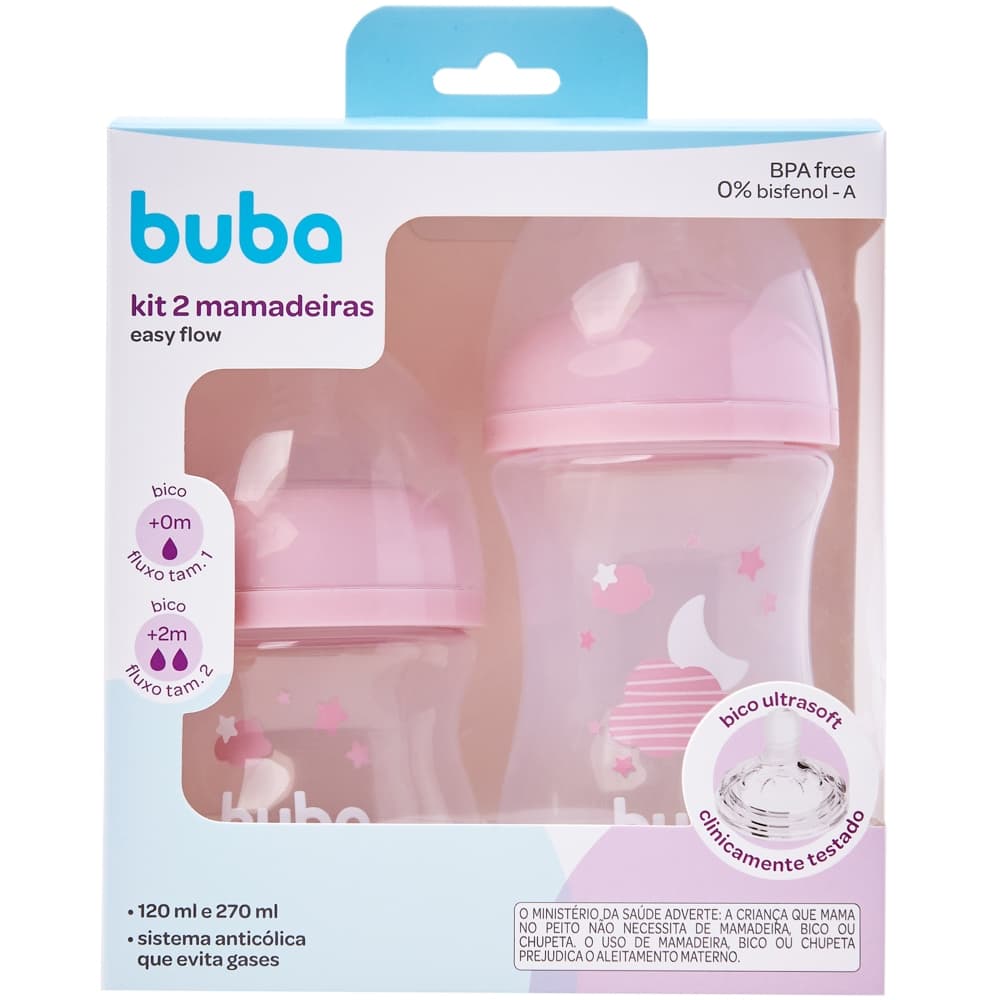 Kit 2 Mamadeiras Easy Flow Anticólica Buba Bebê