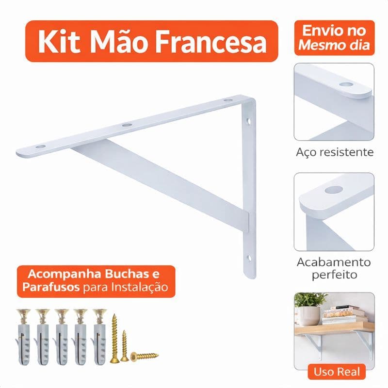 Mão Francesa Reforçada 30cm e 20cm para Prateleira e Suporte de Parede Kit com 6 Unidades