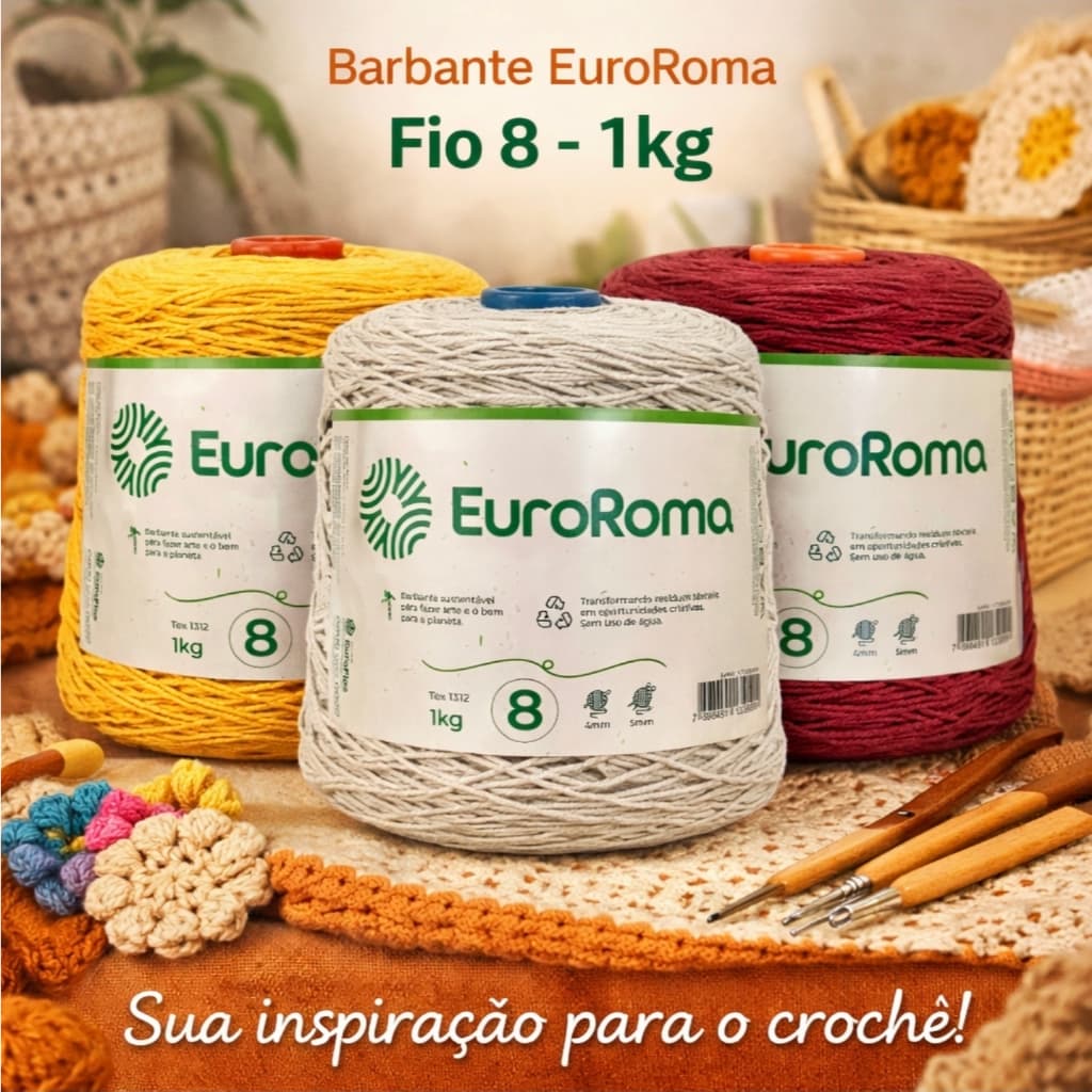 🧶 Barbante EuroRoma Fio 8 – 1kg | 100% Algodão – Alta Resistência para Crochê, Tricô e Artesanato