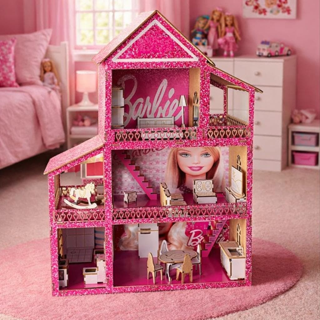 Casinha De Boneca Rosa Glitter + Kit 22 Moveis Desmontado Brinquedos Educativo