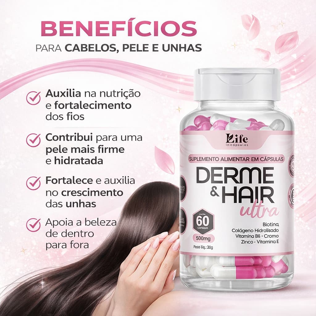 Derme & Hair Ultra 60 Cápsulas  – Biotina, Colágeno e Vitaminas | Cabelos e Unhas Fortes Pele firme.