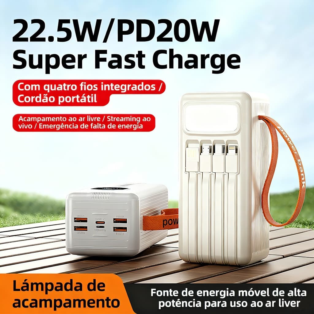 Power Bank 50000mah Carregador Portátil  Turbo 22.5W PD Rápido Com cabos 4 Em1 LED lanterna e Compatível iOS/Android