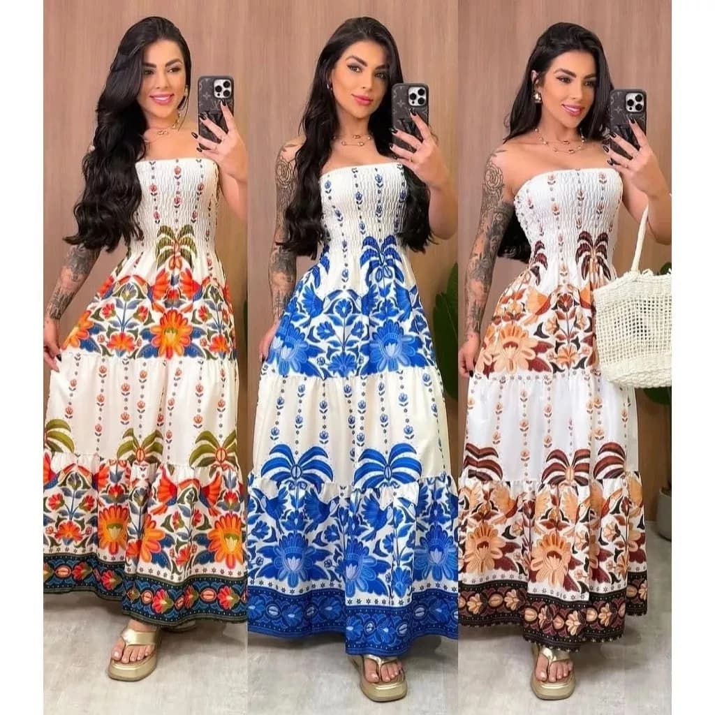 Vestido Tropical Longo Tomara que Caia Estampado 2026 ENTREGA IMEDIATA