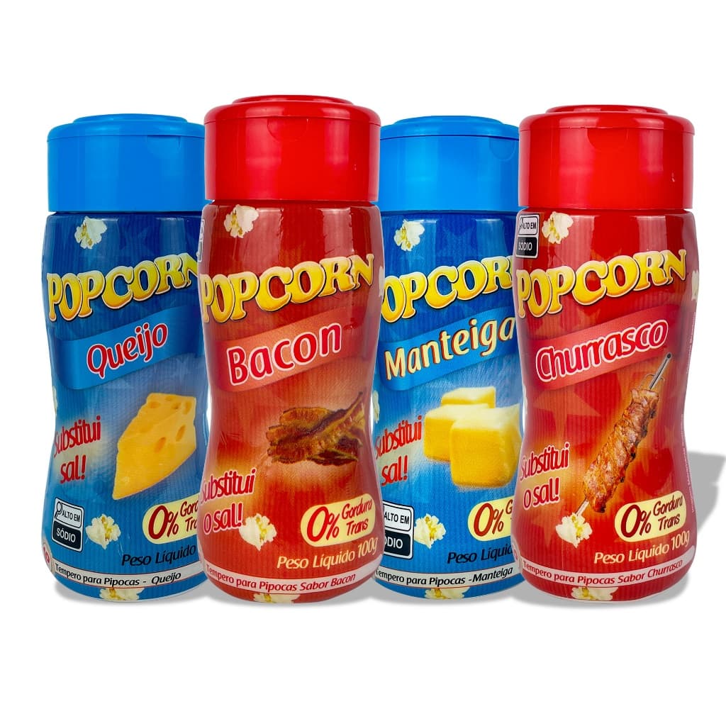 Combo 04 Temperos Para Pipoca - Sabores Churrasco, Queijo, Bacon e Manteiga - Popcorn