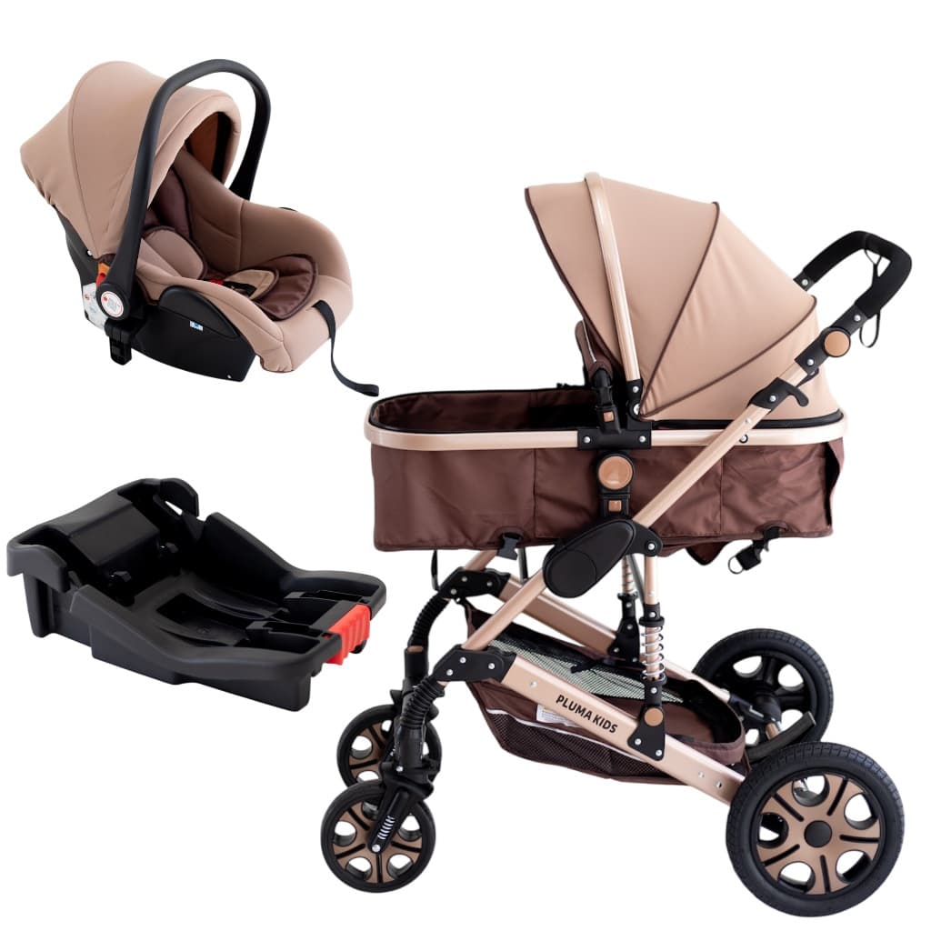 Carrinho De Bebê Europeu Luxo 3 em 1 Pluma Kids com Amortecedor + Moisés Berço + Bebê Conforto e Base Veicular