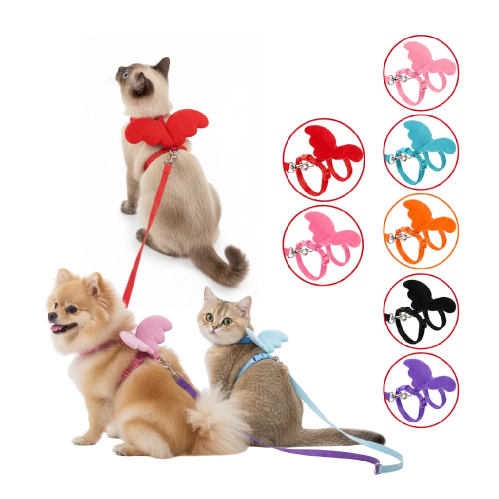 Coleira Peitoral para Gatos e Pets Pequenos com Guia Asas de Anjo Ajustável