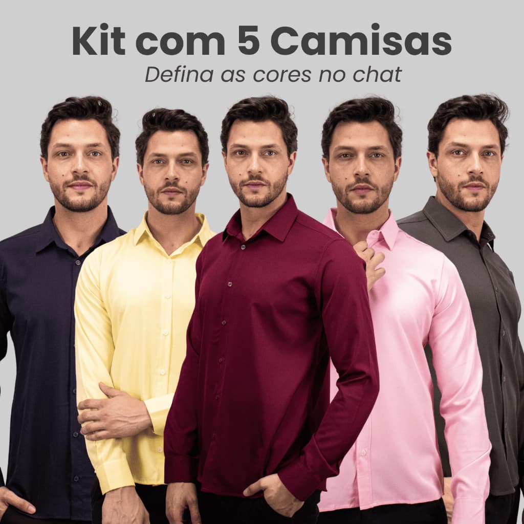 Kit 5 Blusa Social Masculina Manga Longa Slim Lisa Plus Size