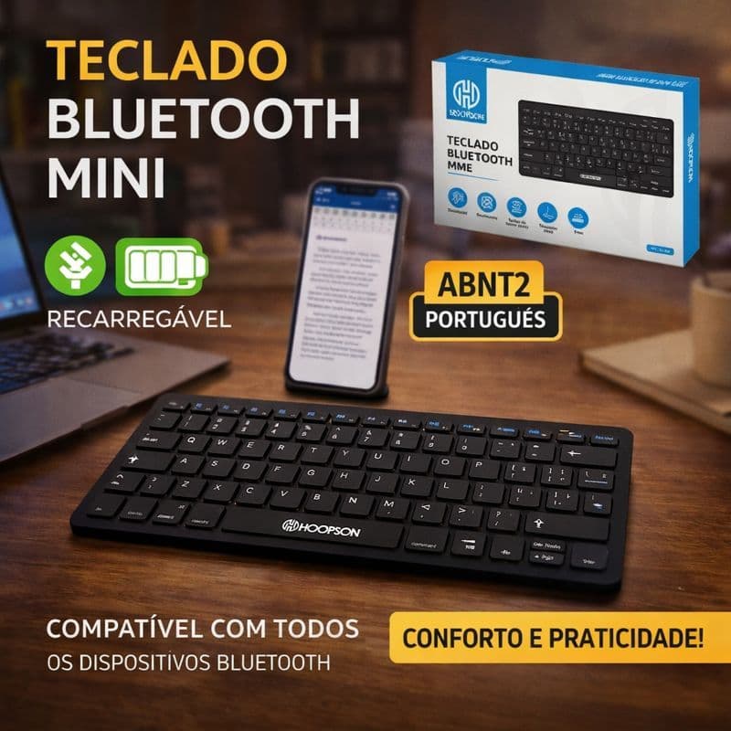 Teclado Bluetooth Sem Fio Preto Compacto e Moderno Ideal p/ Celular, Tablet e PC