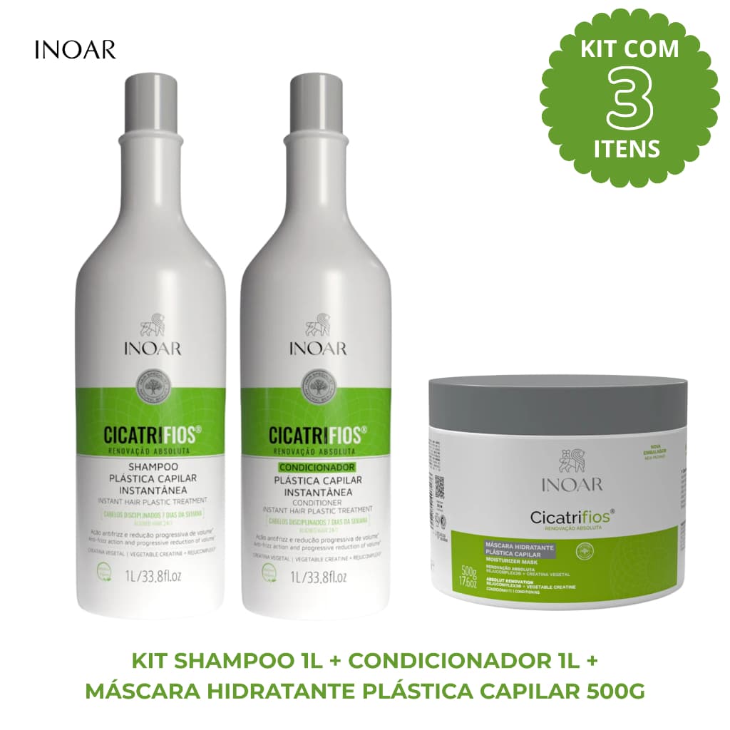 Kit 3 Itens Inoar Cicatrifios Shampoo 1L + Condicionador 1L + Máscara Hidratante Plástica 500g