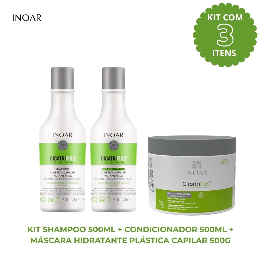 Kit 3 Itens Inoar Cicatrifios Shampoo 500ml + Condicionador 500ml + Máscara Hidratante Plástica 500g