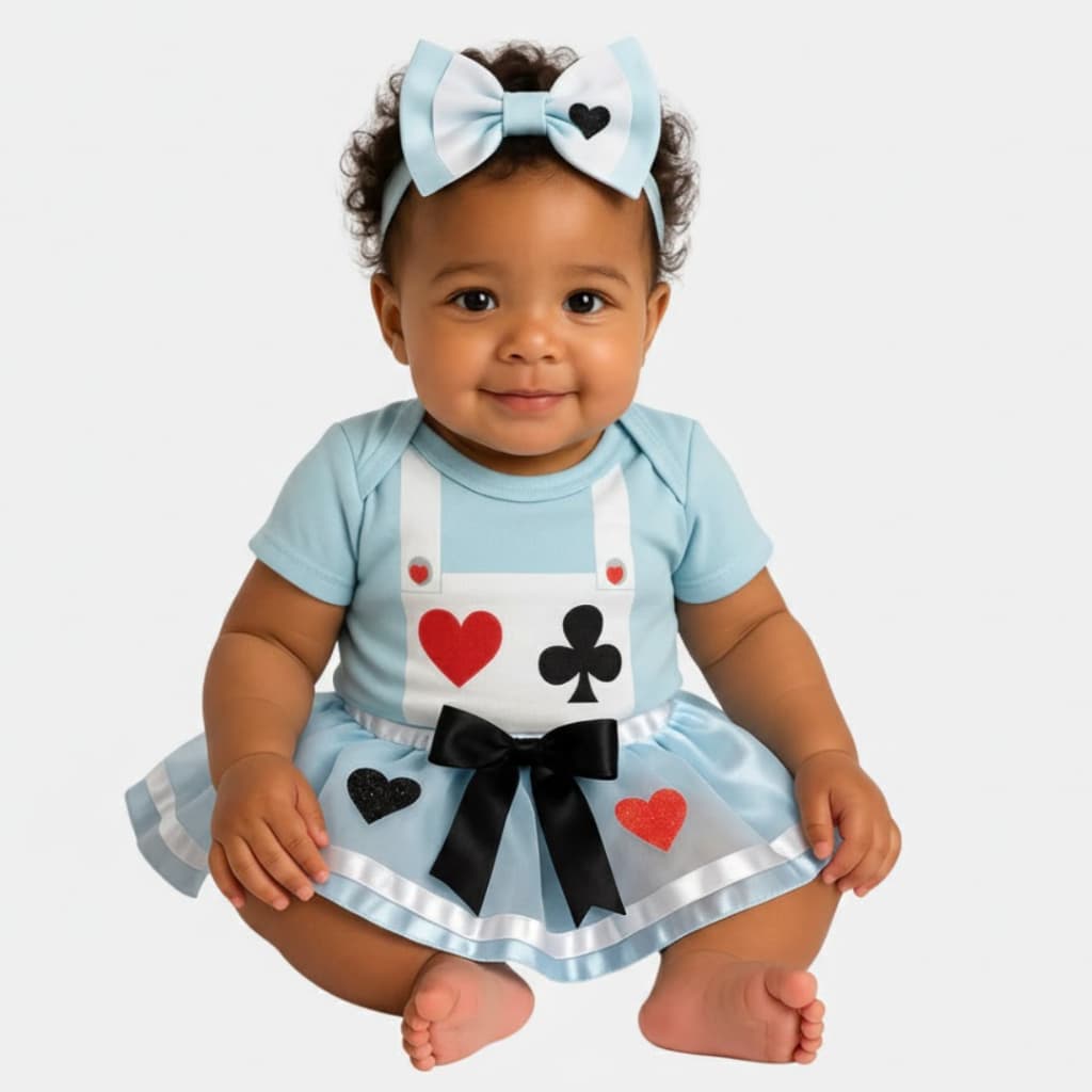 Body Bebê Infantil Temático Baralho Menina Mêsversário Alice no País das Maravilhas Super Confortável