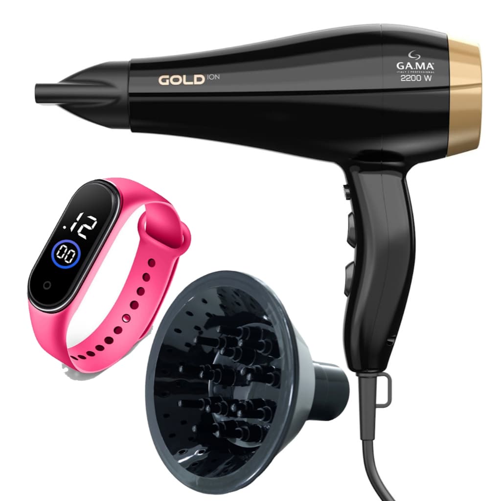Secador De Cabelo Gama Italy 2200w Profissional Salão Ar Quente e Frio Gold Difusor Cachos Acessórios
