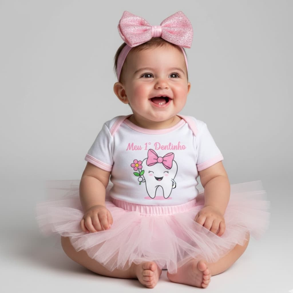 Body Infantil Bebê Mesversário Temático Primeiro Dentinho - Body Manga Curta Roupinha Para Bebê Menino Ou Menina