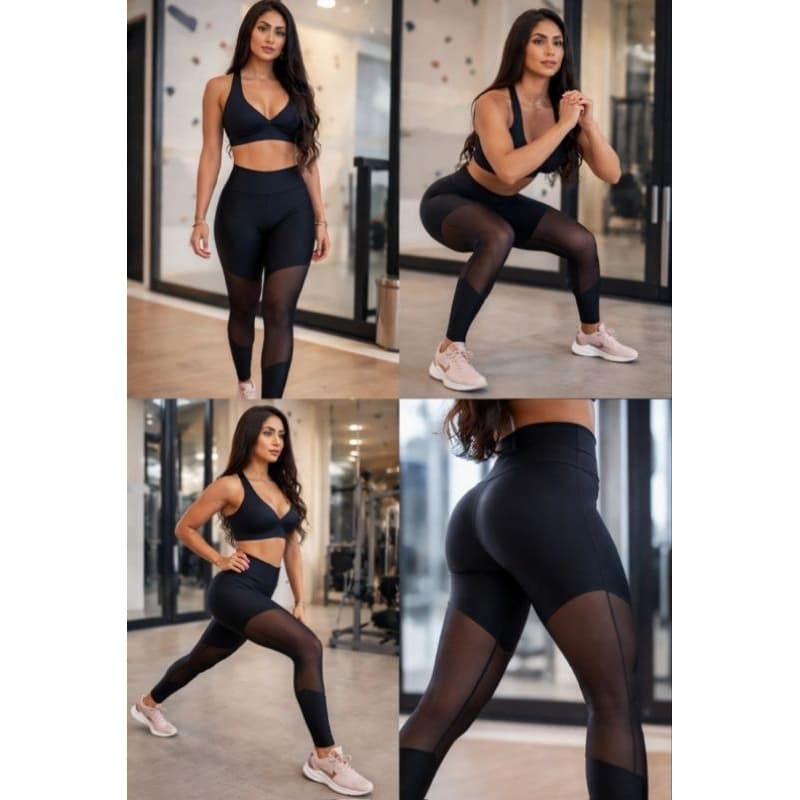 Calça Legging Feminina Fitness Cintura Alta com Recorte em Tule – Academia, Yoga e Treino