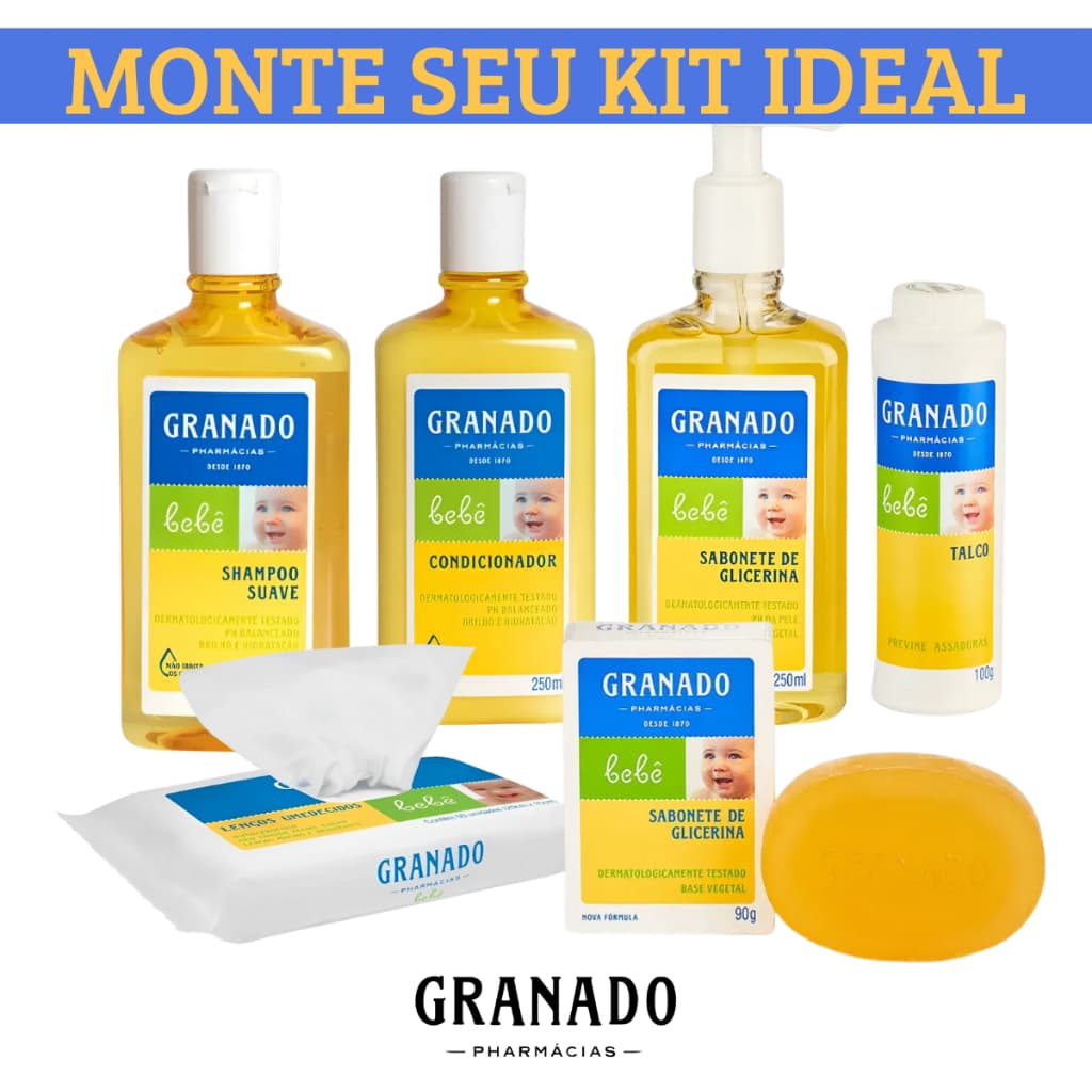 Kit Banho Granado Bebê Shampoo Condicionador Sabonete Líquido Toalha Lenço Umedecido Talco Refil Glicerina Chá de Bebê