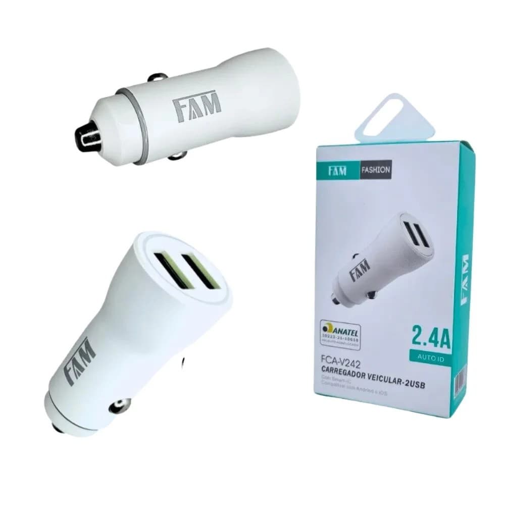 Carregador Veicular FAM 2.4A Dual USB Auto ID | Carro | Android e iPhone | Homologado Anatel