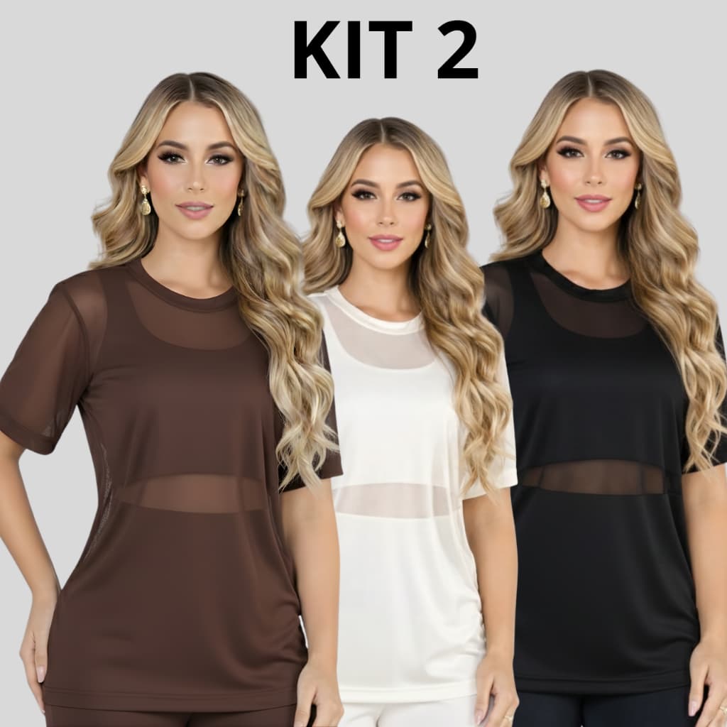 Kit 2 Blusa feminina de Tule Transparente Academia Fitness Camisão Fitness com Manga