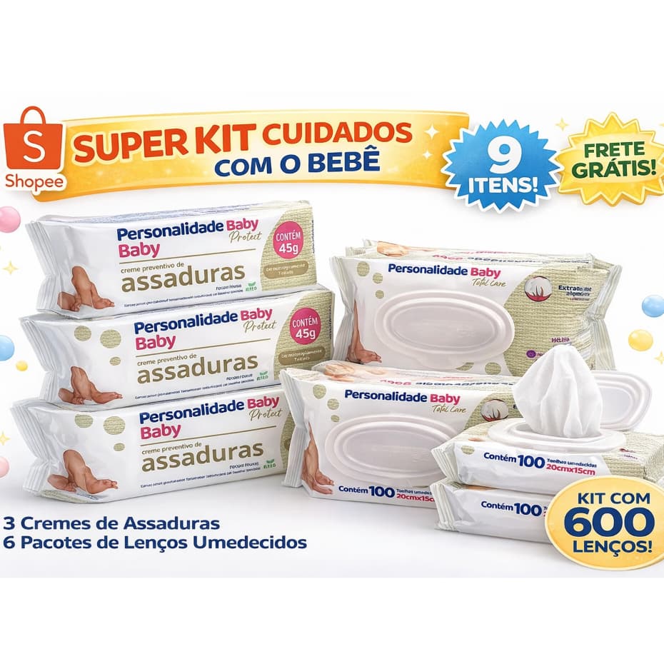 kit 600 Lenço Umedecido c/ 3 Creme Pomada Assadura Bebê Personalidade 6 Pcts Toalha Umedecida