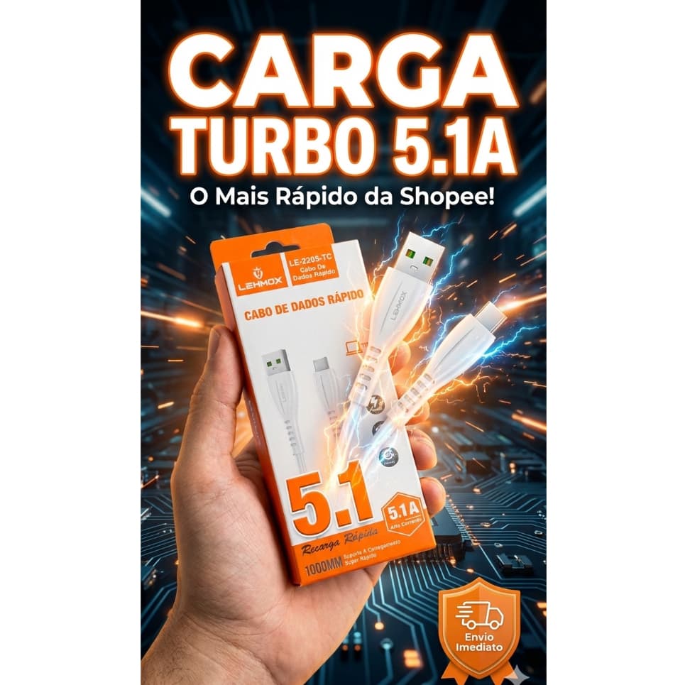 2 Cabo Carregador Tipo C Turbo 5.1A Carregamento Rápido USB Reforçado 1 Metro Envio Rápido Frete Grátis