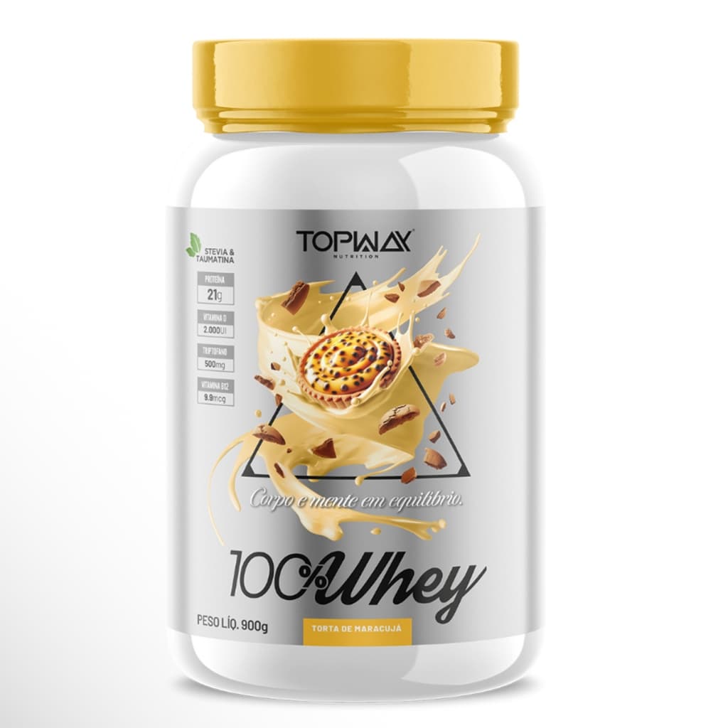 Suplemento whey protein 100% concentrado pote 900g sabor torta maracujá topway com vitamina D e B12