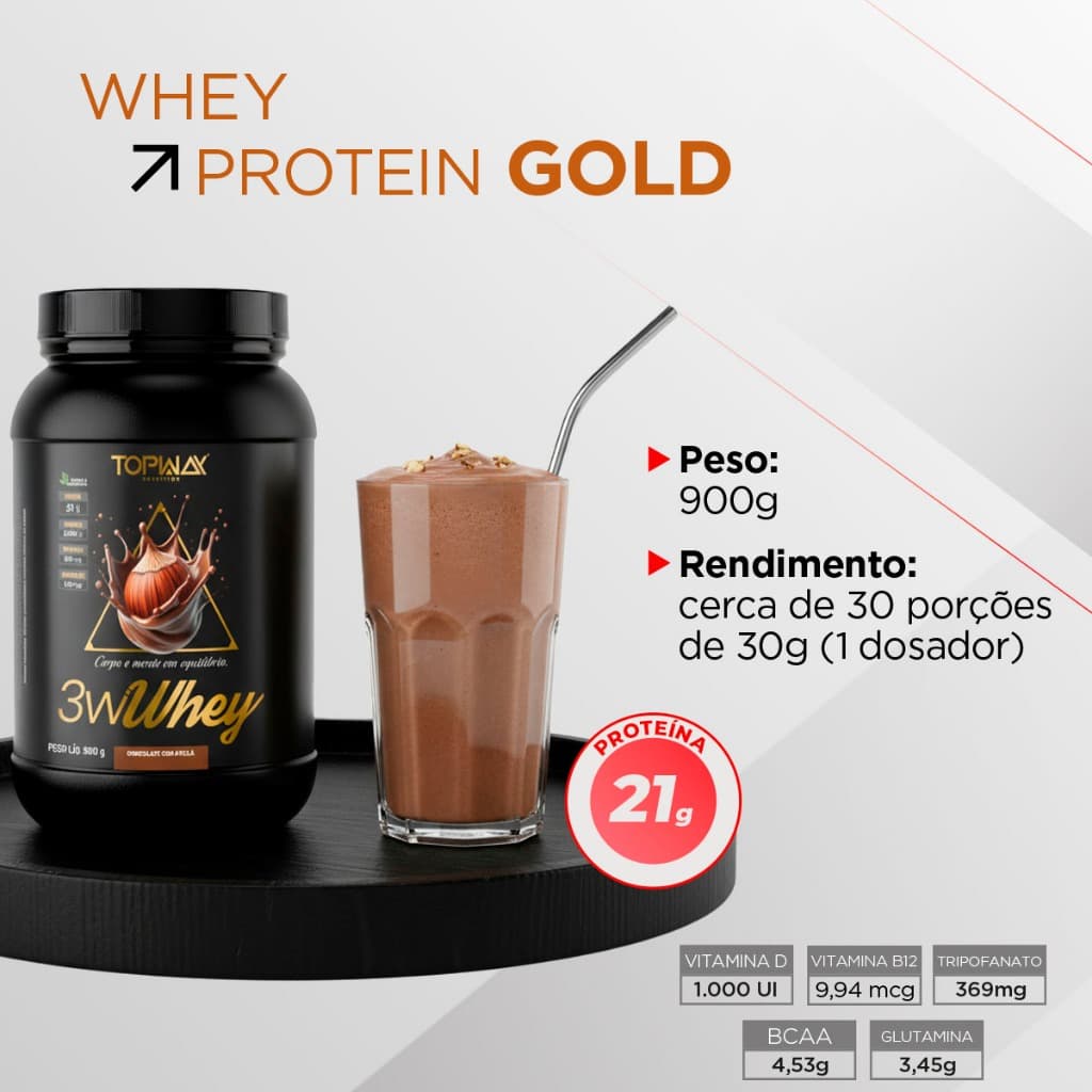 Whey protein gold 3w topway 900g sabor avelã com chocolate concentrado isolado e hidrolisado menos carbo