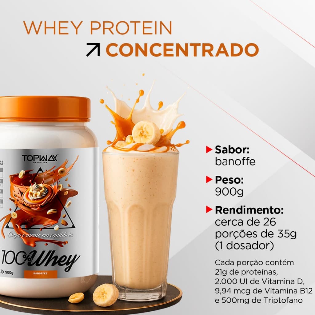 Suplemento whey protein 100% concentrado sabor banoffee pote 900g topway com vitamina D e B12