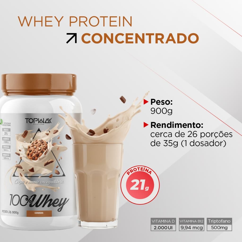 Suplemento whey protein 100% concentrado sabor cookies pote 900g topway com vitamina D e B12