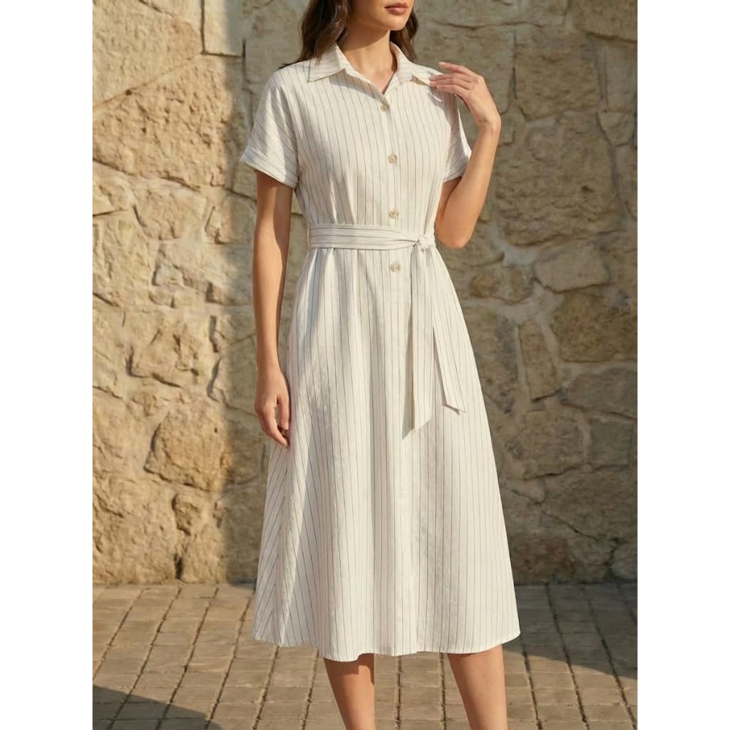 REF ： H1068 - Vestido feminino, vestido listrado com cinto