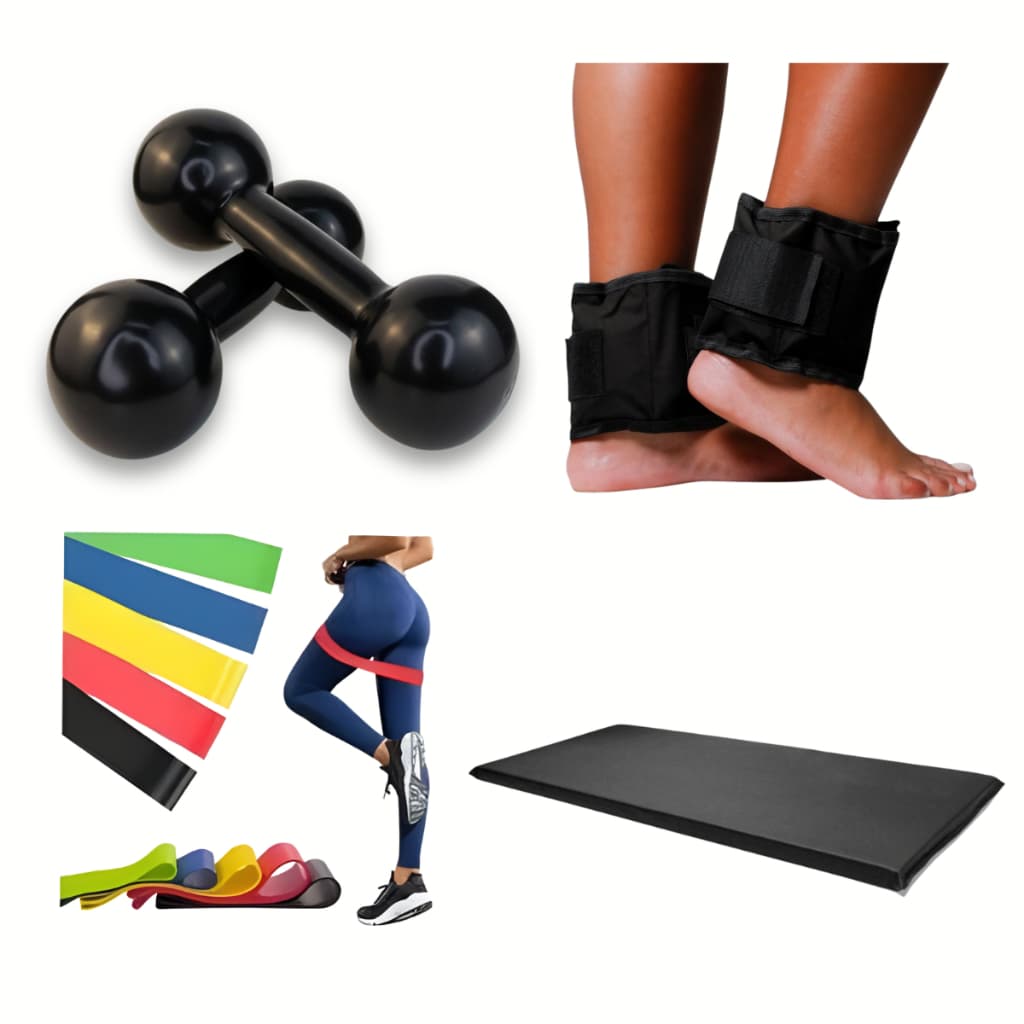 Kit Academia Casa Par Peso Halter 1 Ao 3 Kg+Par Caneleira +Colchonete +Kit 5 Faixas Elásticas Theraband