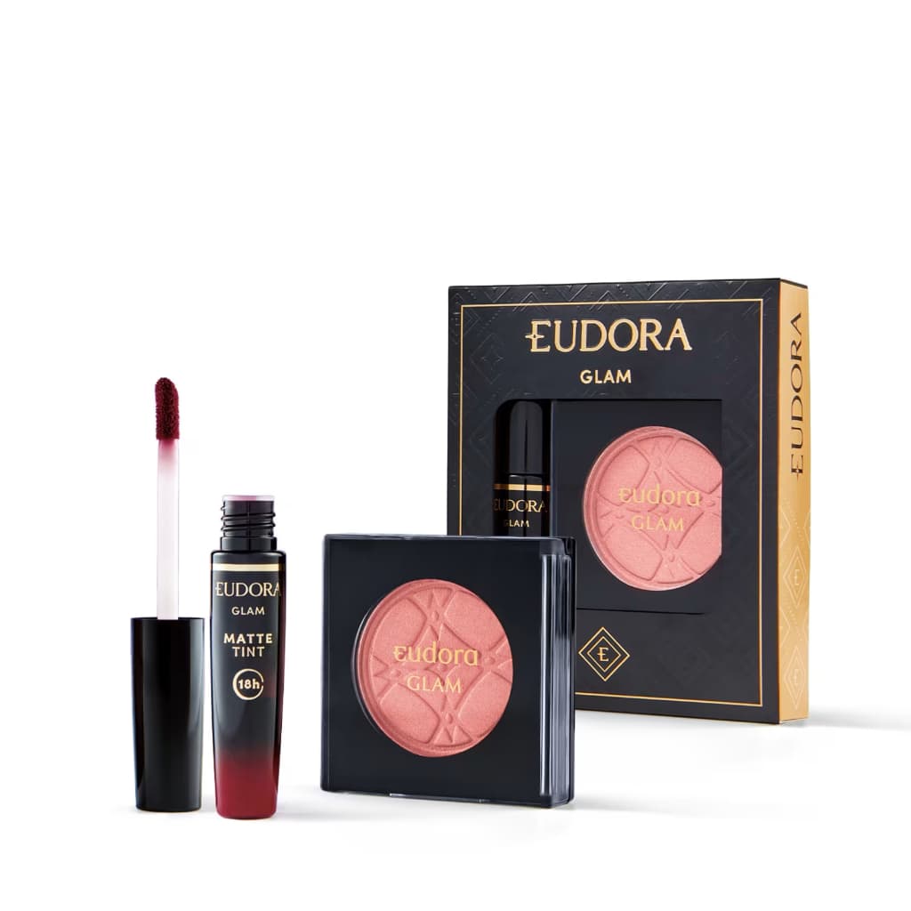EUDORA Combo Glam: Batom Líquido Bordô Intenso Glam Matte Tint 4g +Blush Pêssego Peach Bellini Glam 5g- PRODUTO ORIG