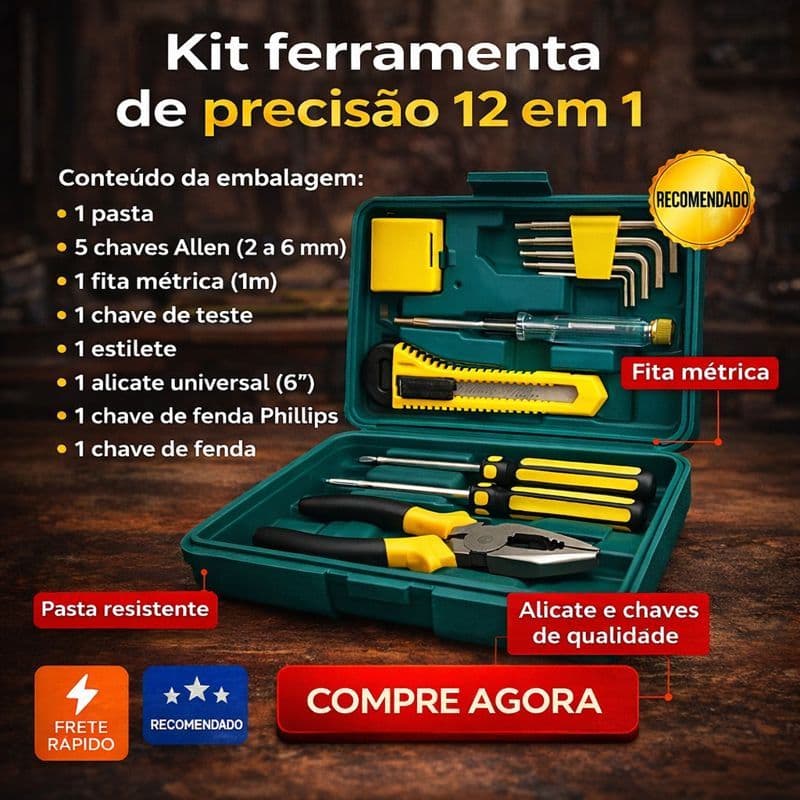 Kit de Ferramentas 12 Peças com Maleta Portátil Jogo Completo p/ Manutenção Residencial e Automotiva
